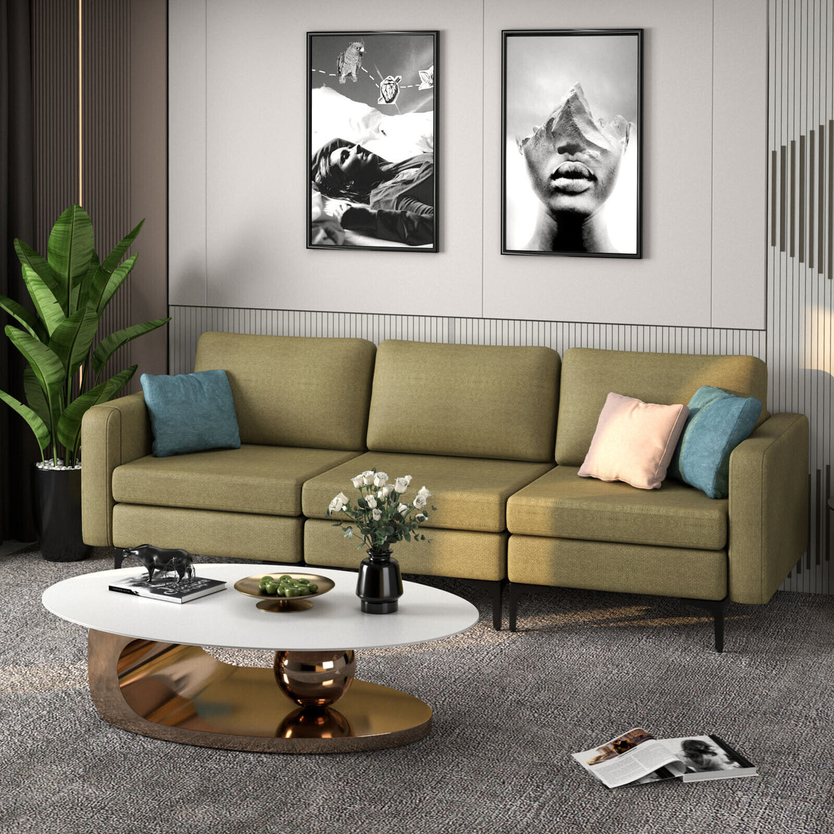 1/2/3/4-Seat Convertible Sectional Sofa with Reversible Ottoman-3-Seat