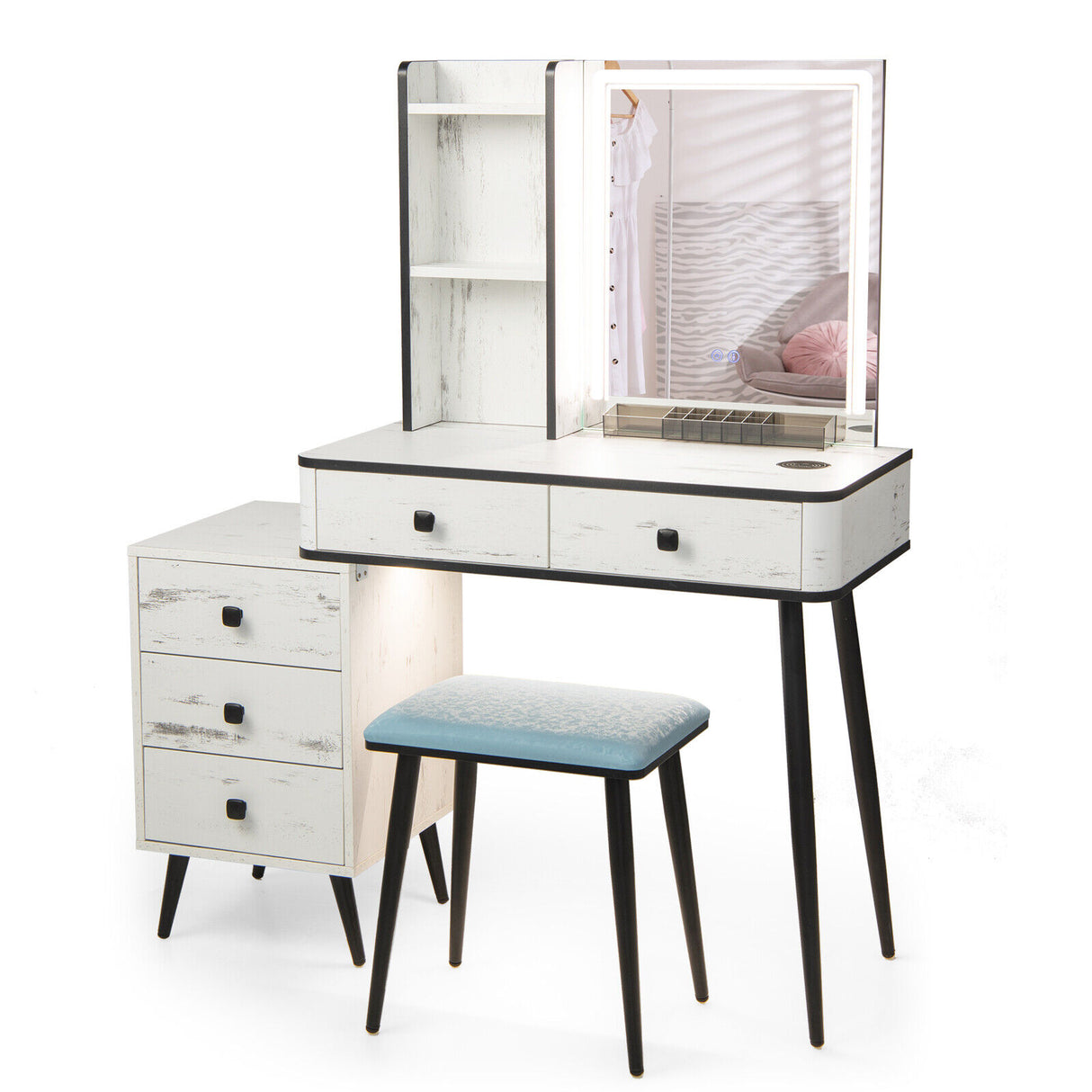 Vanity Makeup Table Set with Lighted Mirror-Brown