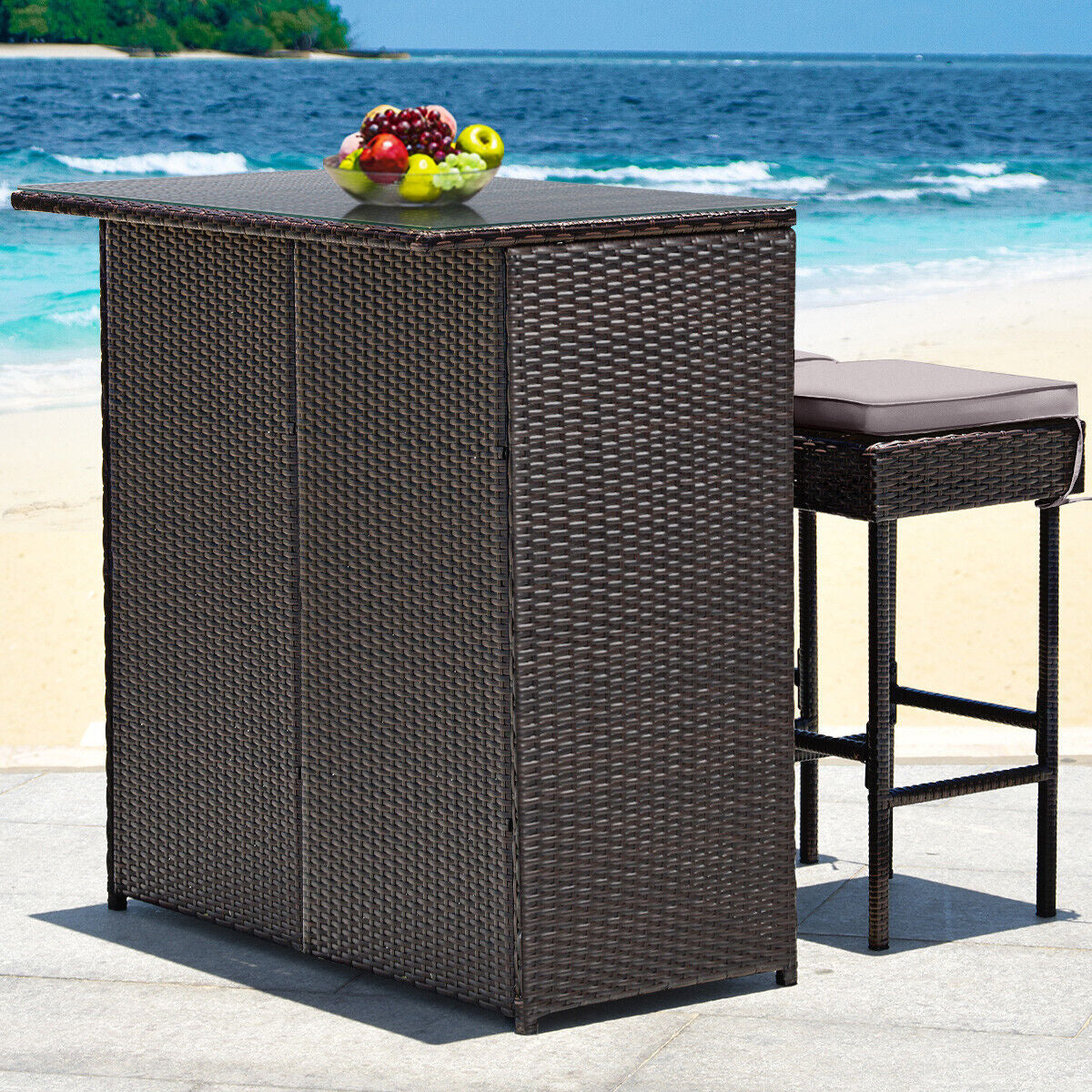 3 Pieces Patio Rattan Wicker Bar Table Stools Dining Set-Gray & Off White by DirectDeals