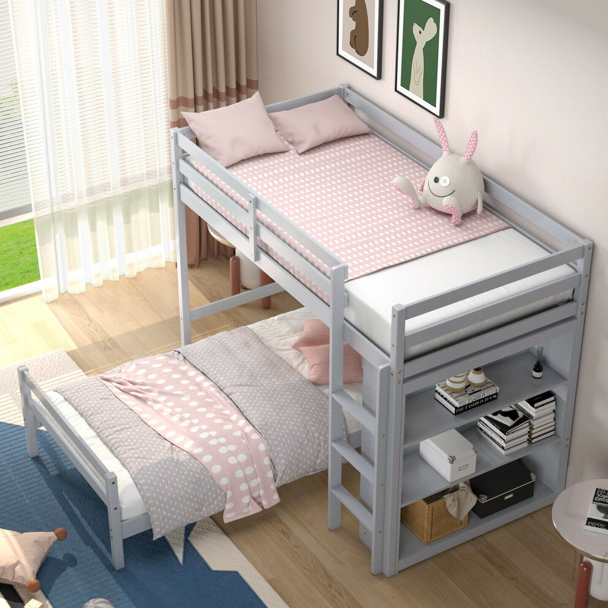 Twin Over Twin Loft Bunk Bed with Bookcase-Dark Brown