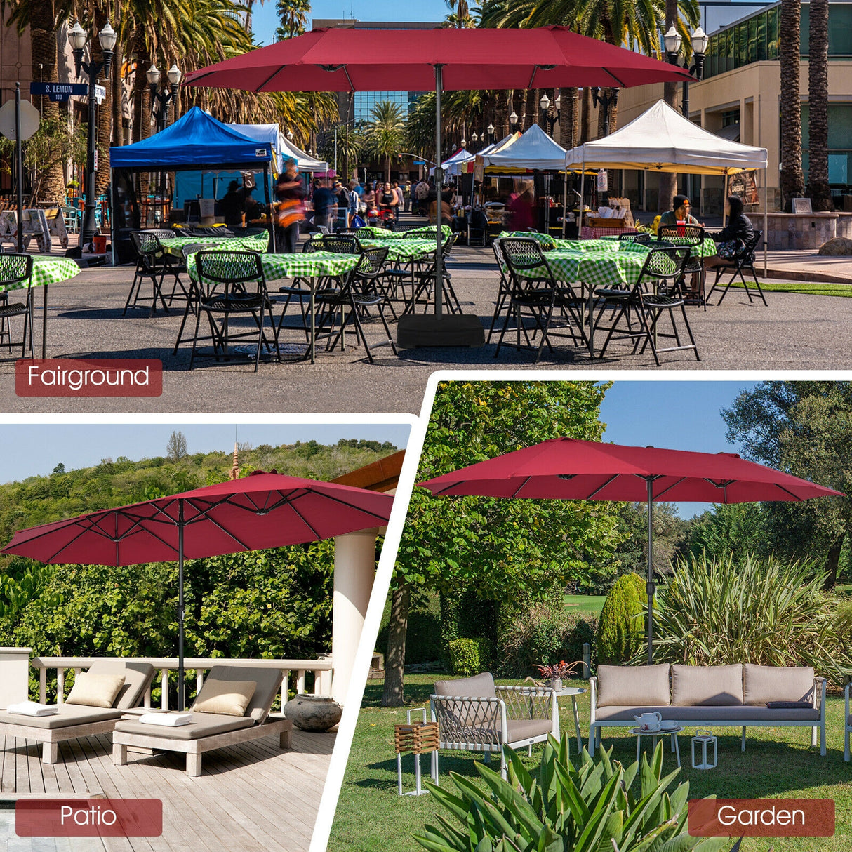 15 Feet Patio Double-Sided Umbrella with Hand-Crank System-Beige