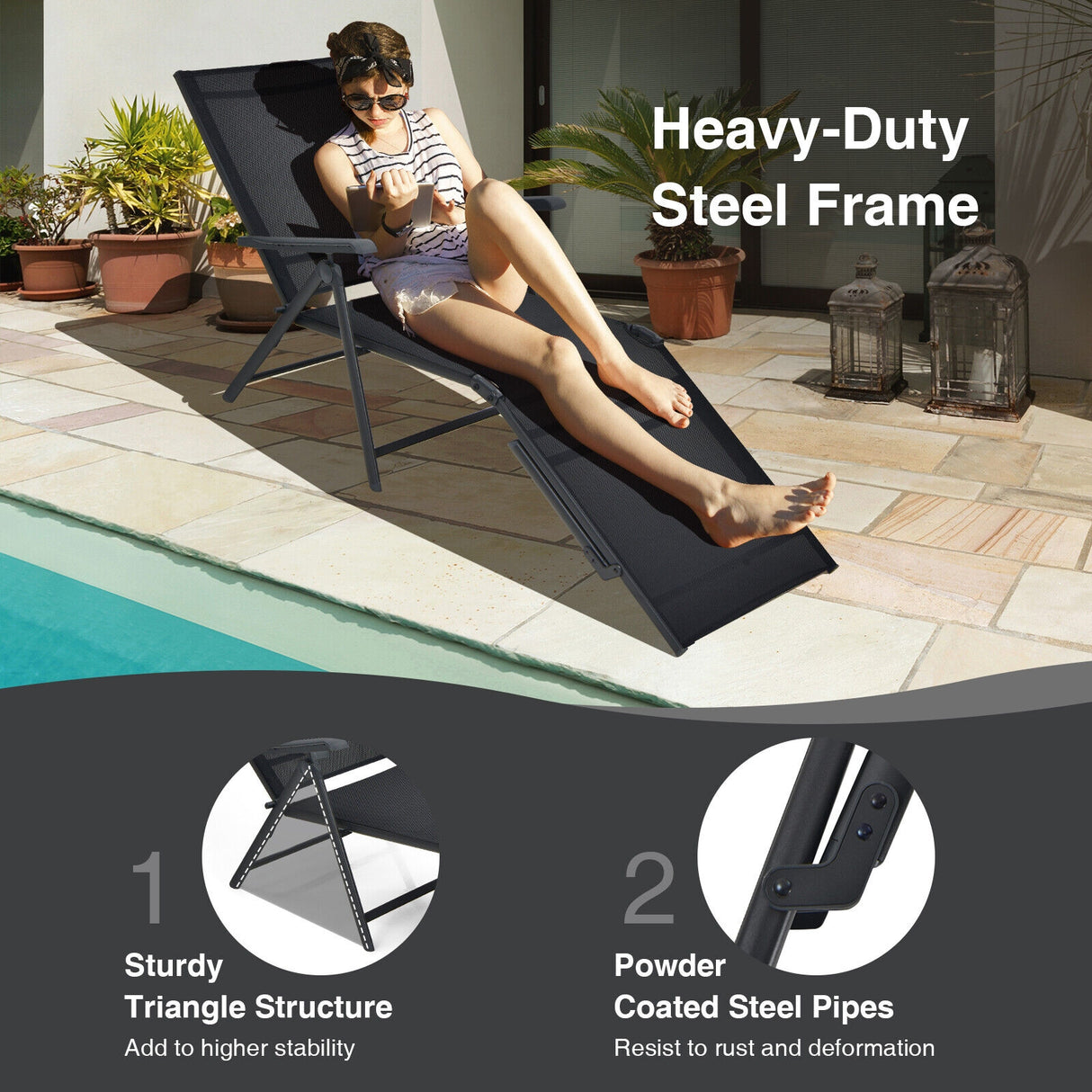 2 Pieces Foldable Chaise Lounge Chair with 2-Position Footrest-Brown