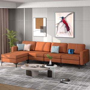 1/2/3/4-Seat Convertible Sectional Sofa with Reversible Ottoman-4-Seat L-shaped with 2 USB Ports