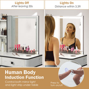 Vanity Makeup Table Set with Lighted Mirror-Brown