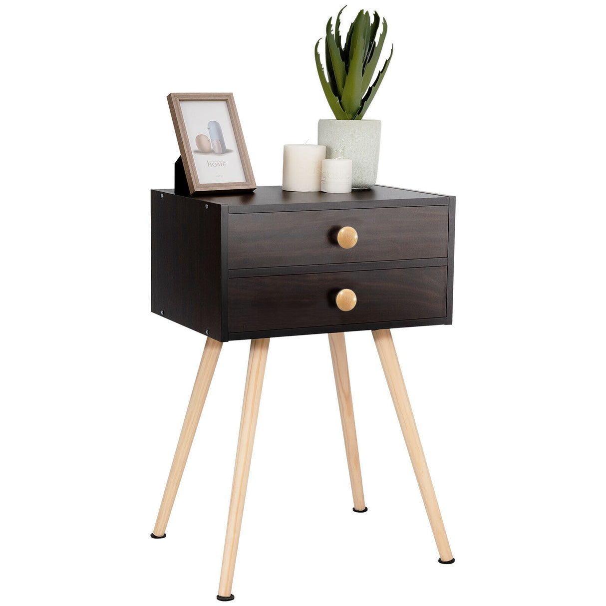Mid Century Modern 2 Drawers Nightstand in Natural-White