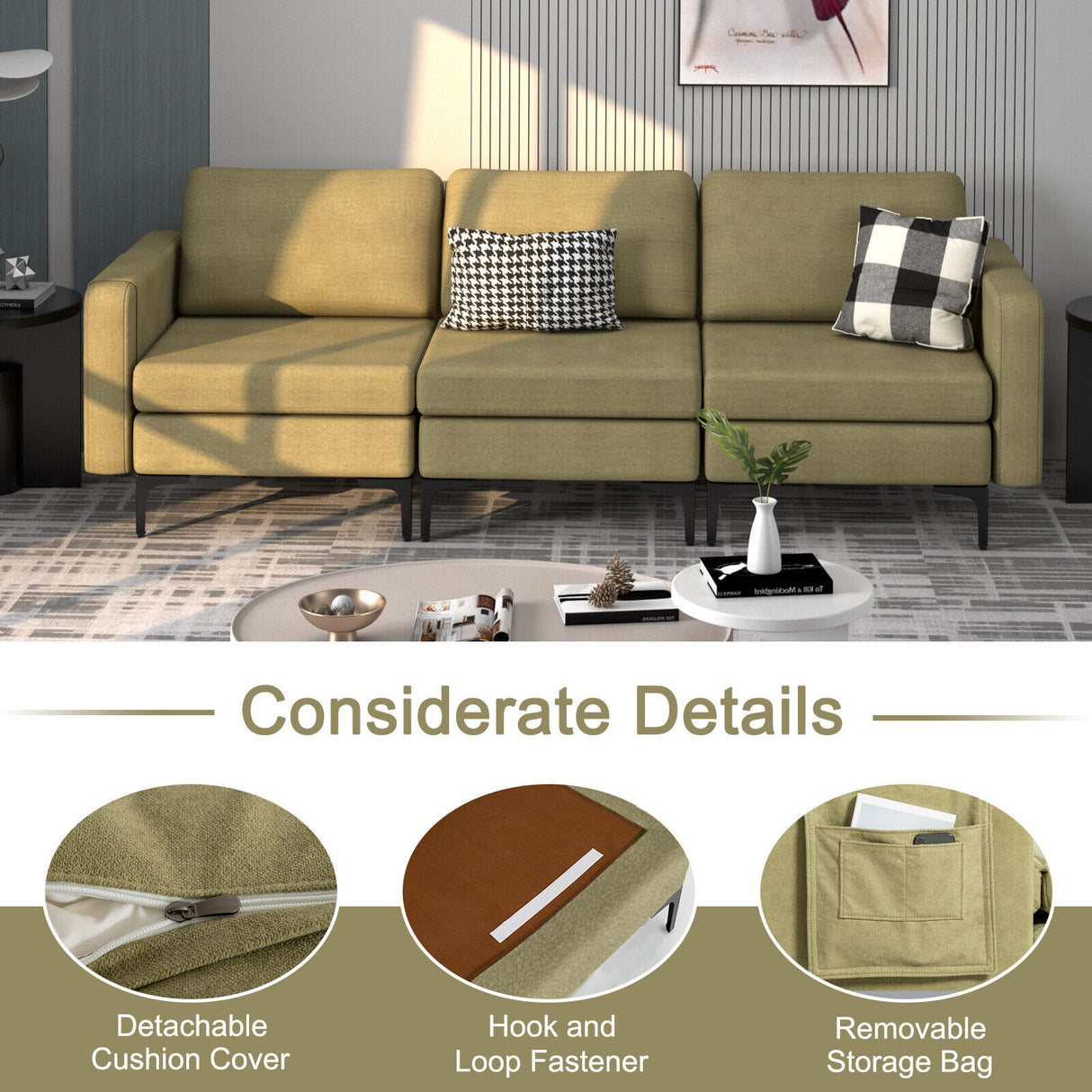1/2/3/4-Seat Convertible Sectional Sofa with Reversible Ottoman-3-Seat