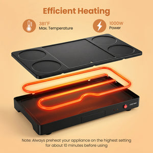 1000W Electric Grill Griddle with 4 Nonstick Woks and Wooden Spatulas for Pancakes