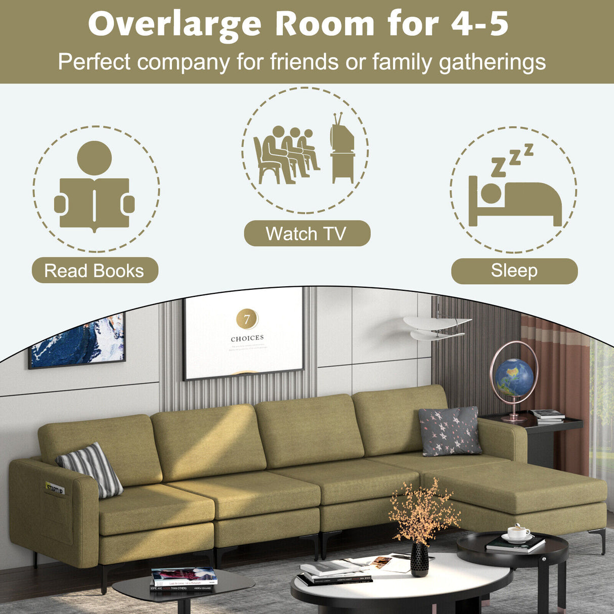 1/2/3/4-Seat Convertible Sectional Sofa with Reversible Ottoman-4-Seat L-shaped with 2 USB Ports