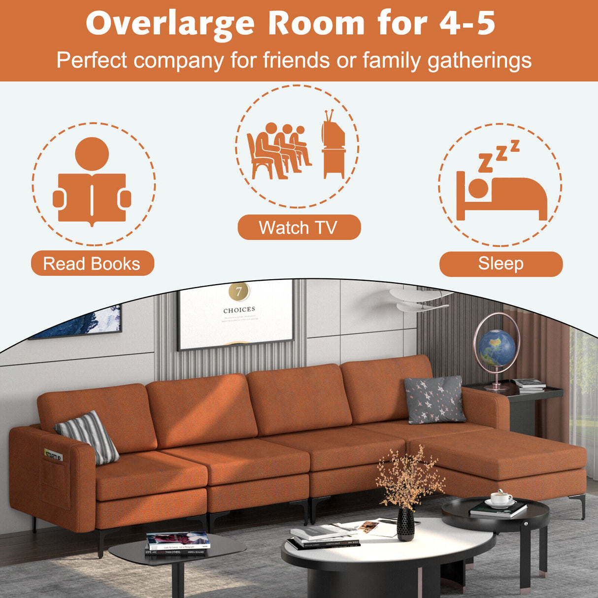 1/2/3/4-Seat Convertible Sectional Sofa with Reversible Ottoman-4-Seat L-shaped with 2 USB Ports