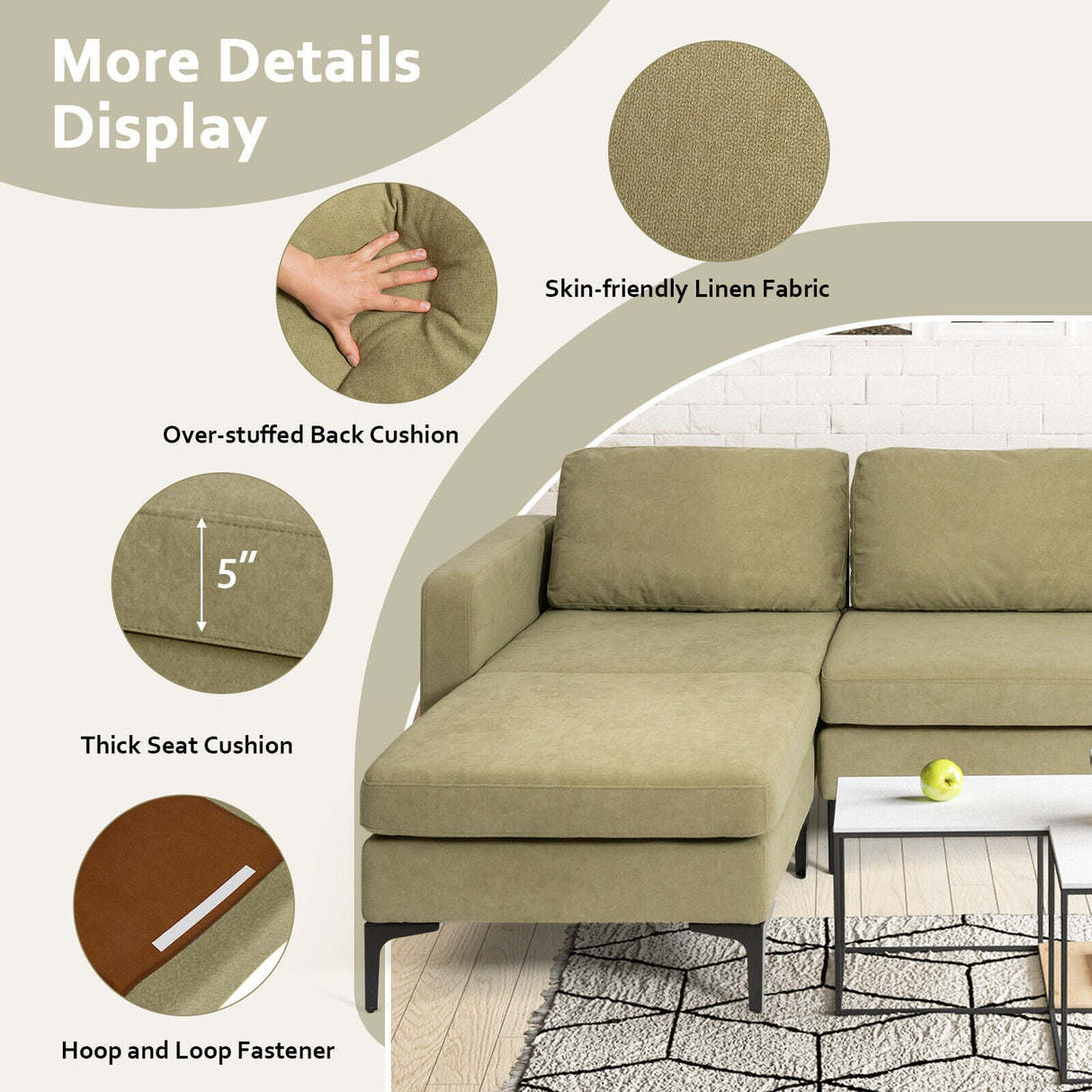 Modular 3-Seat L-shaped Sectional Sofa with Reversible Chaise and 2 USB Ports-Green