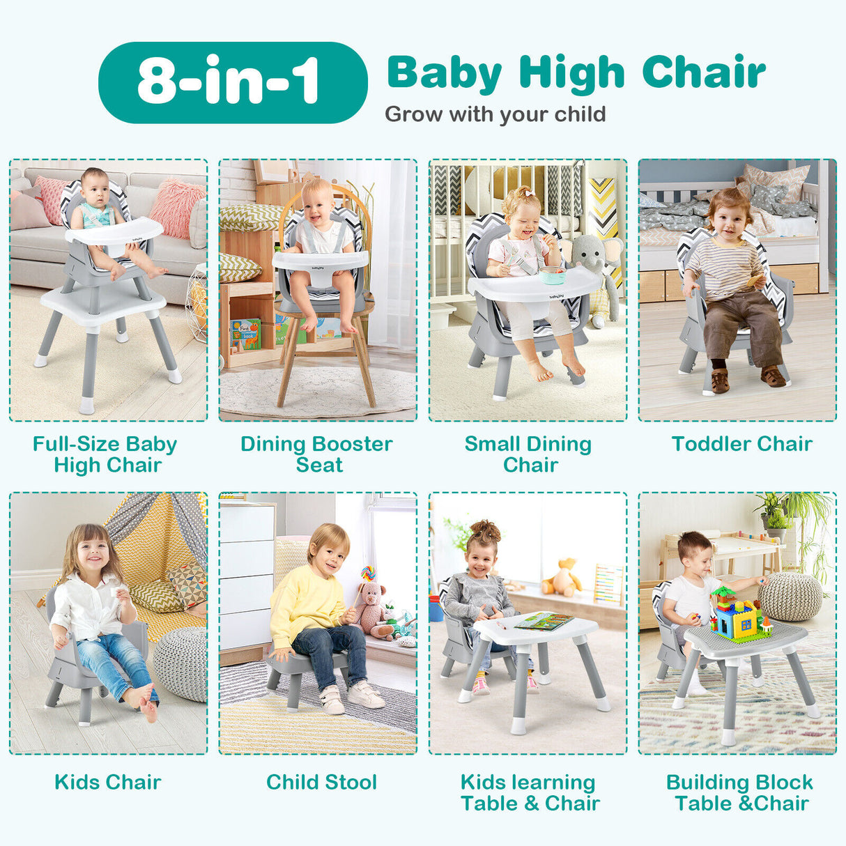 6-in-1 Convertible Baby High Chair with Adjustable Removable Tray-Gray and White