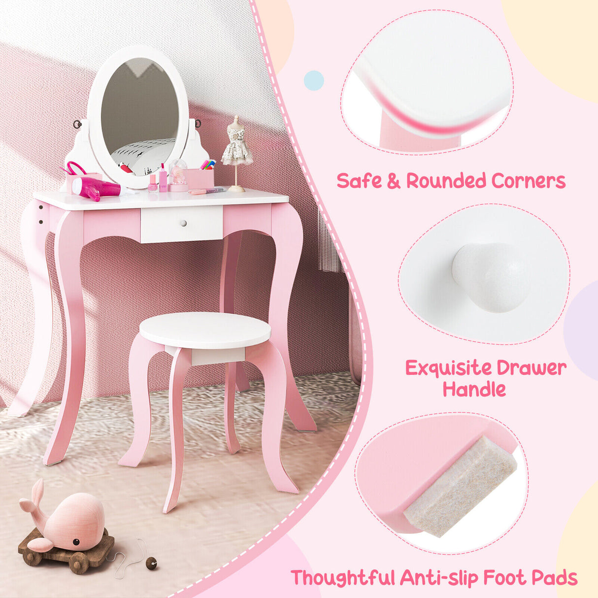 Pretend Kids Vanity Set with 360 ° Rotatable Mirror and Play Accessories