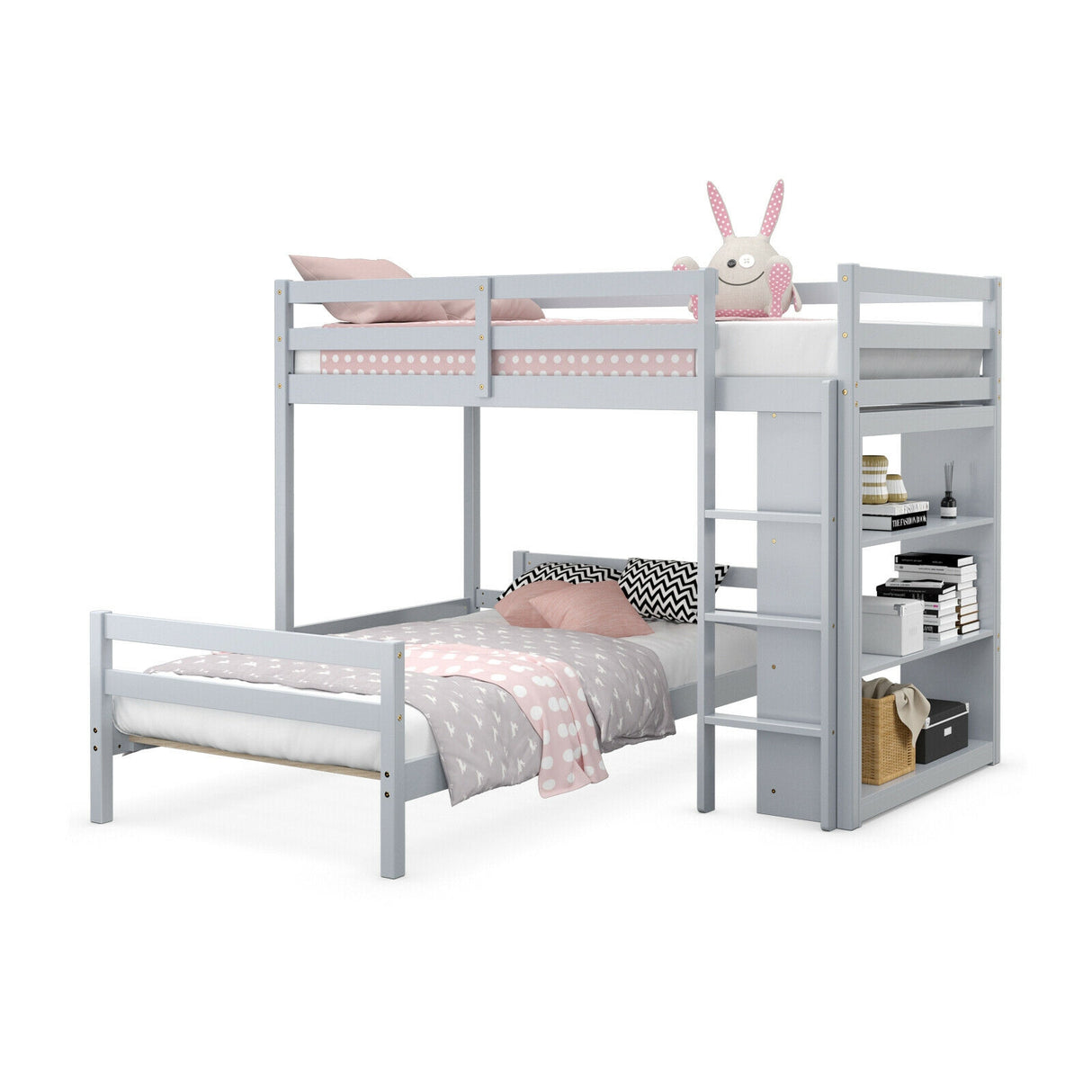 Twin Over Twin Loft Bunk Bed with Bookcase-Dark Brown