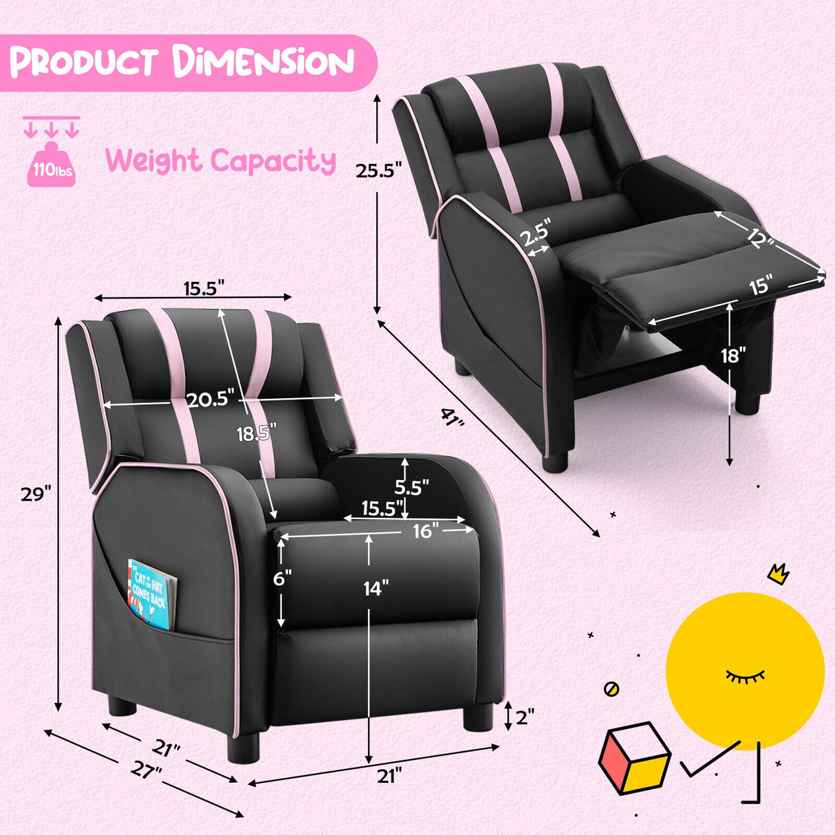 Kids Recliner Chair with Side Pockets and Footrest-Blue
