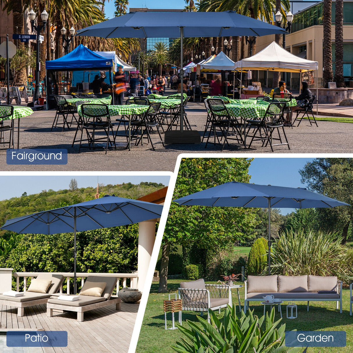 15 Feet Patio Double-Sided Umbrella with Hand-Crank System-Beige