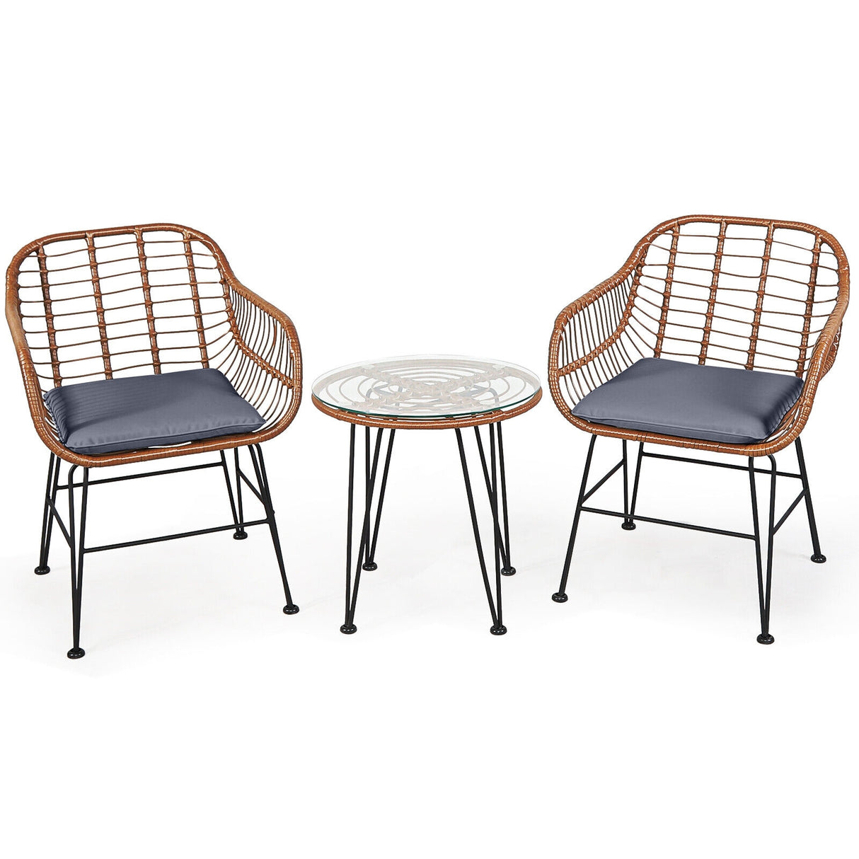 3 Pieces Patio Rattan Bistro Set with Cushion-Navy