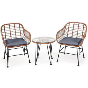 3 Pieces Patio Rattan Bistro Set with Cushion-Navy