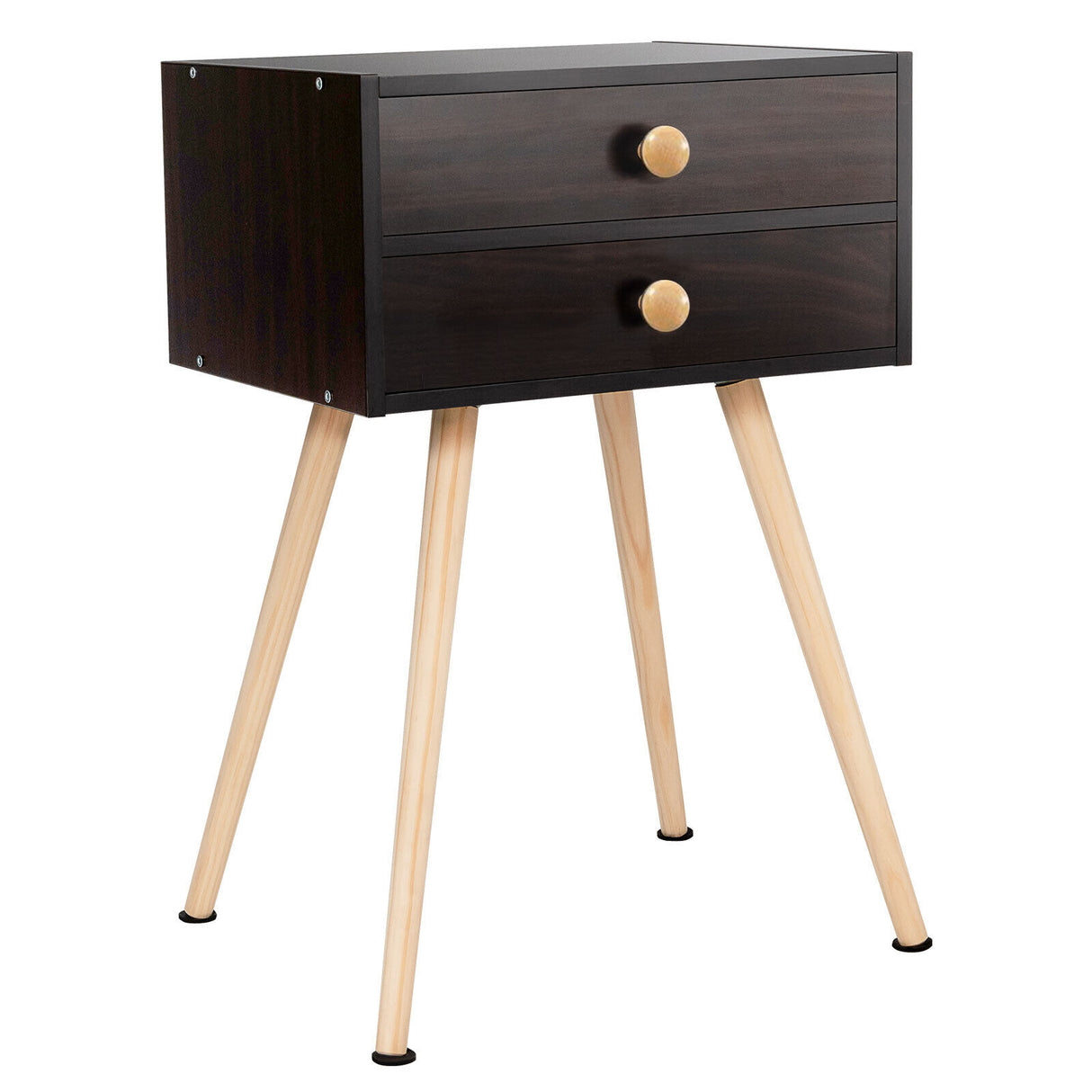 Mid Century Modern 2 Drawers Nightstand in Natural-White