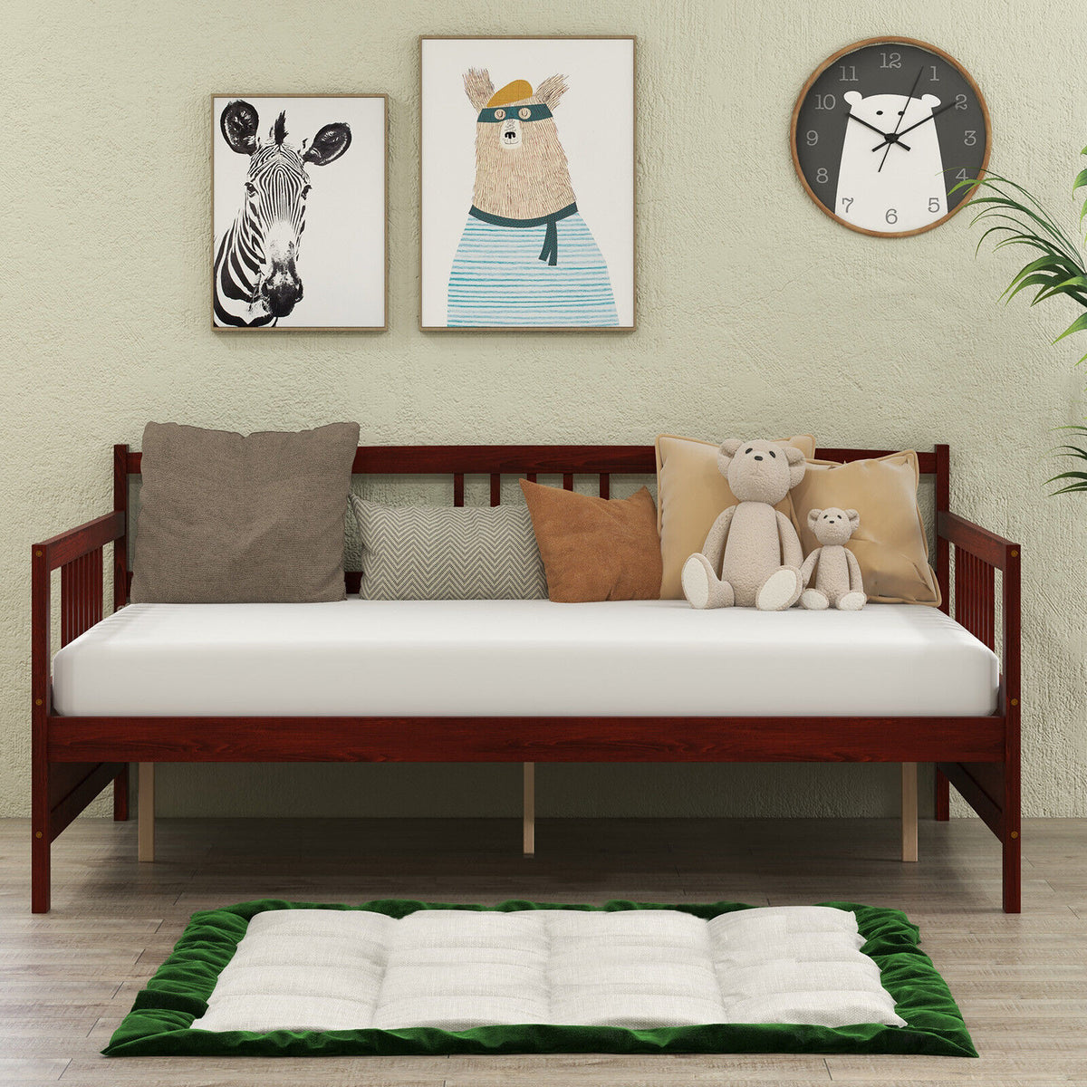 Classic Wooden Full Size Daybed Frame with Guardrails-Brown