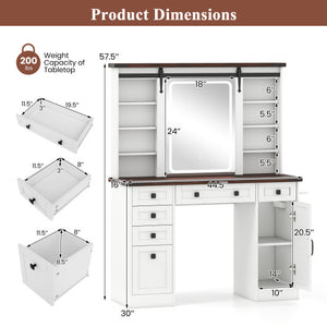 Farmhouse Vanity Desk with Barn-Style Sliding Mirror and 3 Lighting Modes-White