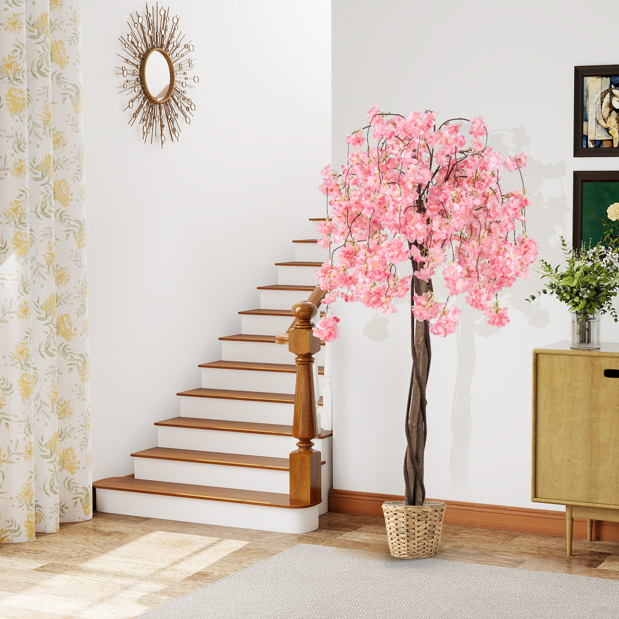 5.5 FT Tall Artificial Cherry Blossom Tree with Pink/White Flowers 2 Pack-Pink