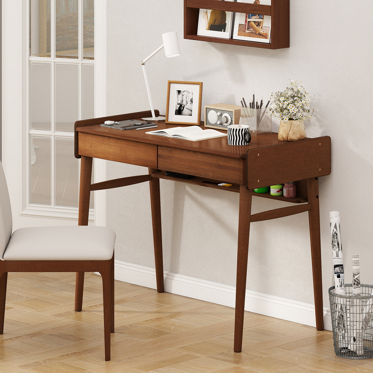 Bamboo Writing Desk with 2 Storage Drawers and Open Shelf-Walnut
