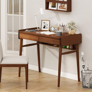 Bamboo Writing Desk with 2 Storage Drawers and Open Shelf-Walnut