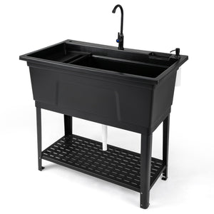 100L Utility Sink Laundry Tub with Rotating Faucet and Storage Shelf-Black