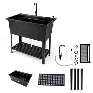 100L Utility Sink Laundry Tub with Rotating Faucet and Storage Shelf-Black