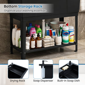 100L Utility Sink Laundry Tub with Rotating Faucet and Storage Shelf-Black