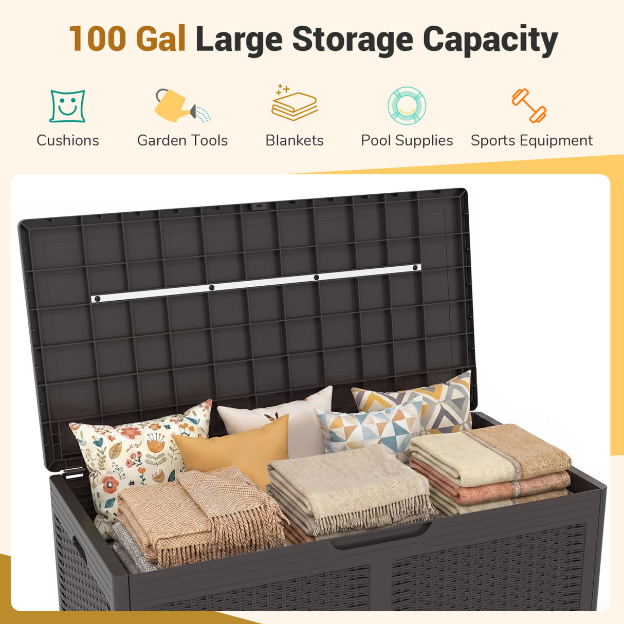 100 Gallon Resin Deck Box Outdoor Waterproof Storage Bench-Brown