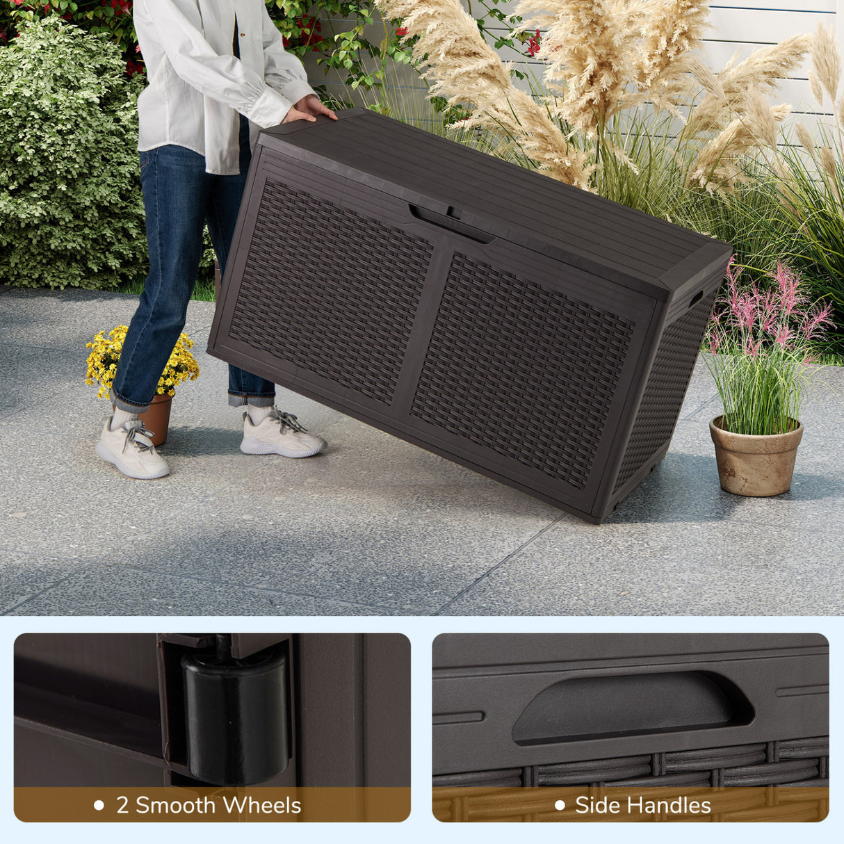 100 Gallon Resin Deck Box Outdoor Waterproof Storage Bench-Brown