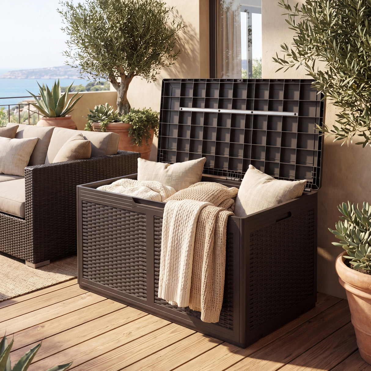 100 Gallon Resin Deck Box Outdoor Waterproof Storage Bench-Brown