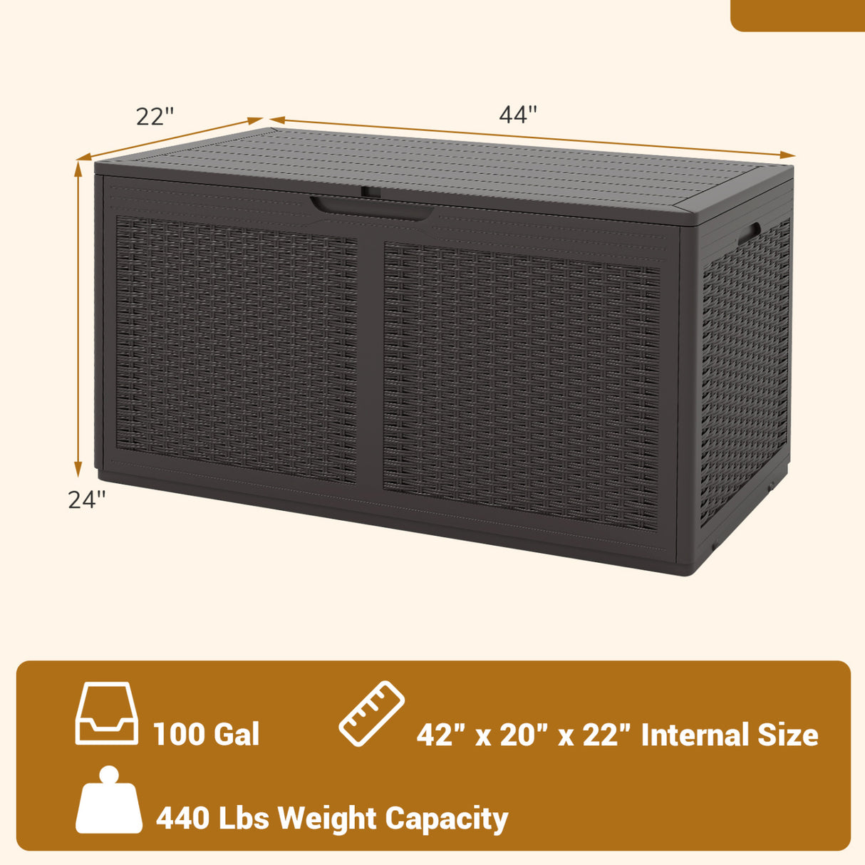 100 Gallon Resin Deck Box Outdoor Waterproof Storage Bench-Brown