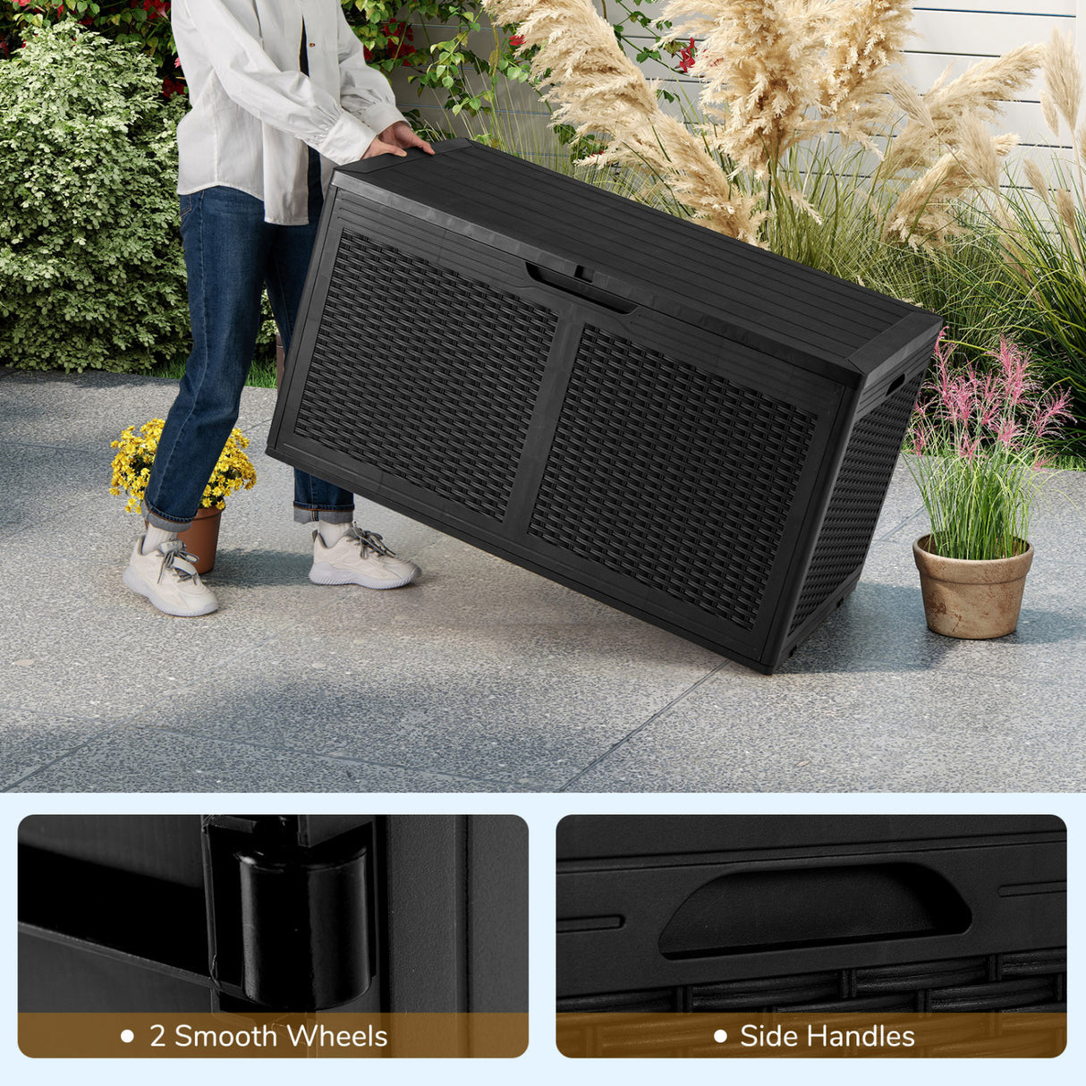 100 Gallon Resin Deck Box Outdoor Waterproof Storage Bench-Black