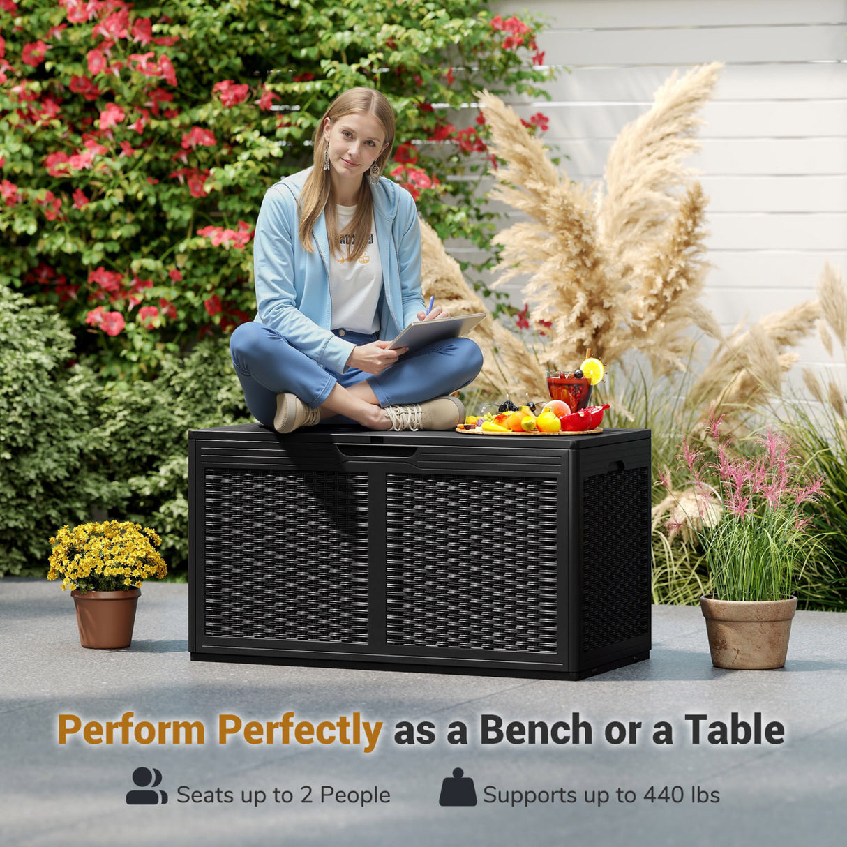 100 Gallon Resin Deck Box Outdoor Waterproof Storage Bench-Black