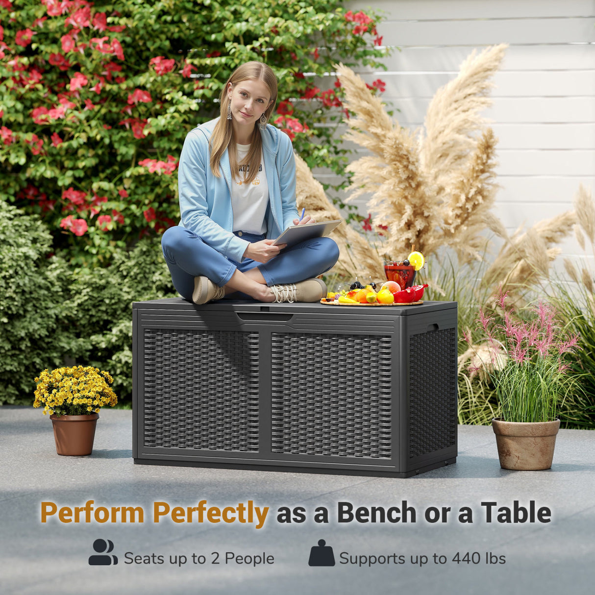 100 Gallon Resin Deck Box Outdoor Waterproof Storage Bench-Gray