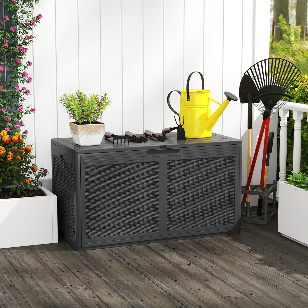 100 Gallon Resin Deck Box Outdoor Waterproof Storage Bench-Gray