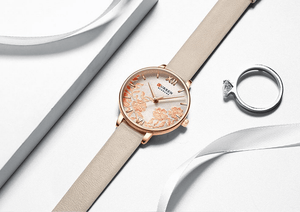 Womens Elegant Waterproof Clock With Decoupage Flower Details In Variant With Leather And Stainless Steel Knitted Belts