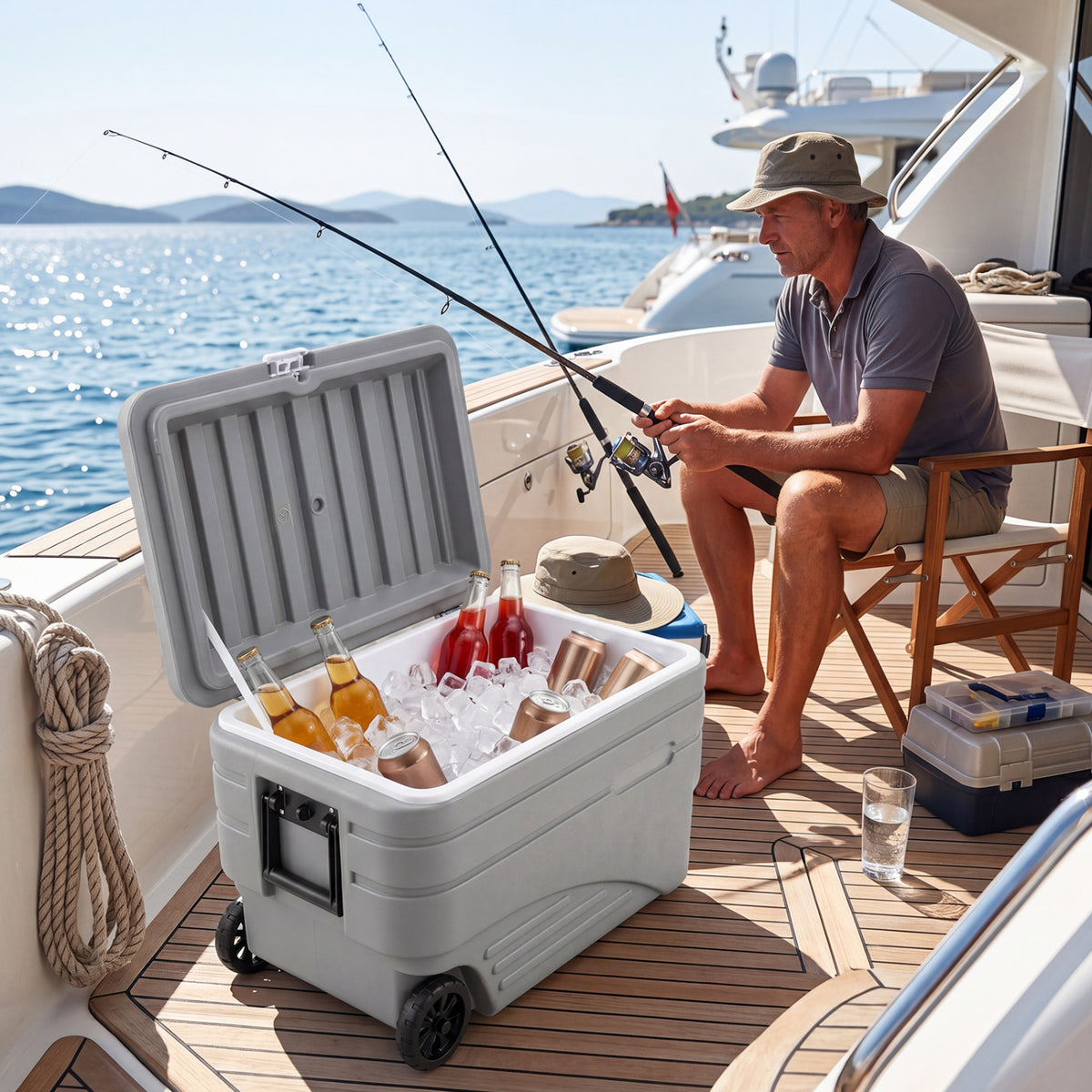 103 Quart Outdoor Portable Wheeled Ice Cooler with Foldable Pull and Carry Handles-Gray
