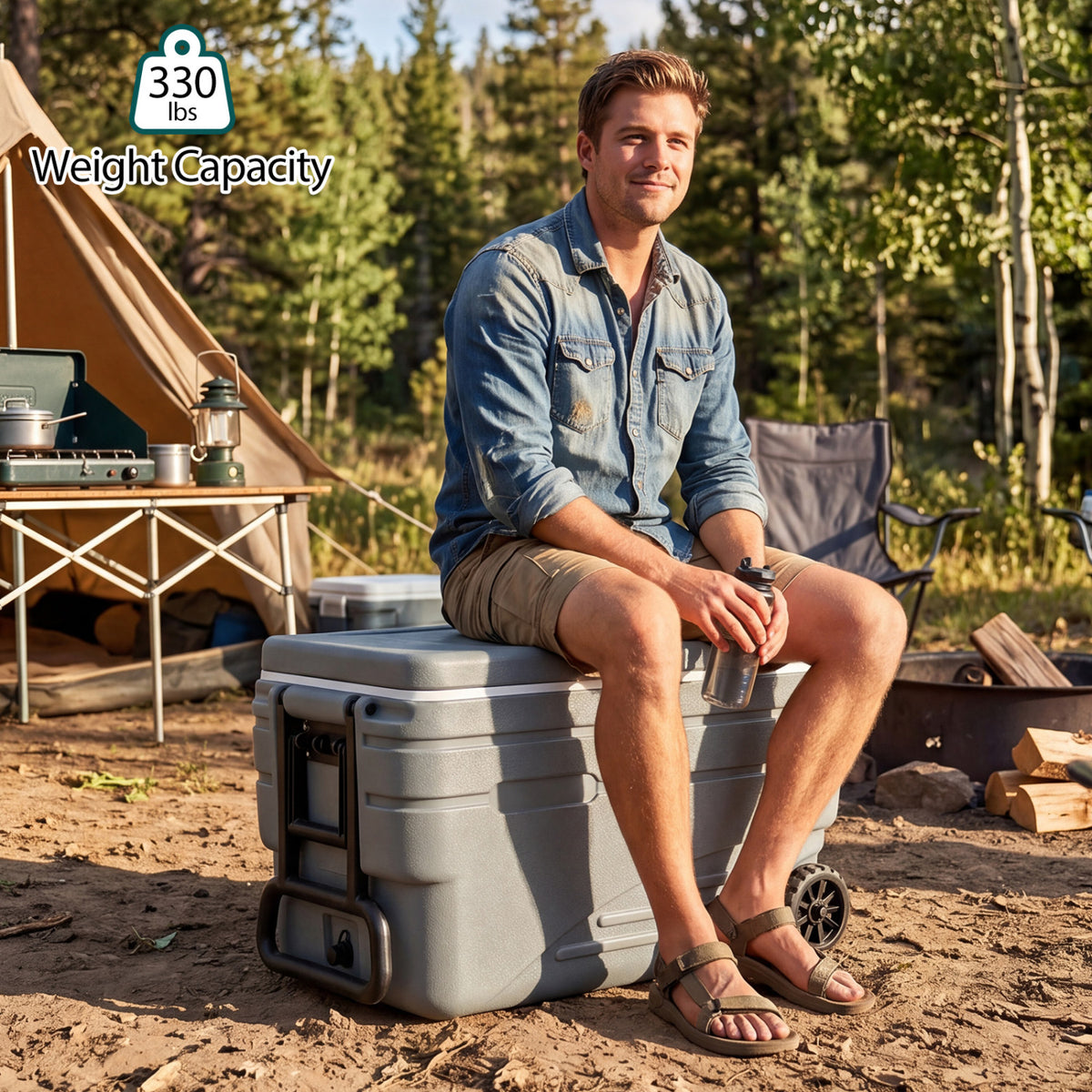 103 Quart Outdoor Portable Wheeled Ice Cooler with Foldable Pull and Carry Handles-Gray