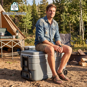 103 Quart Outdoor Portable Wheeled Ice Cooler with Foldable Pull and Carry Handles-Gray