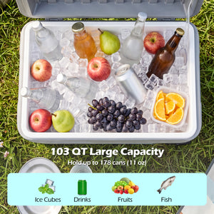 103 Quart Outdoor Portable Wheeled Ice Cooler with Foldable Pull and Carry Handles-Gray