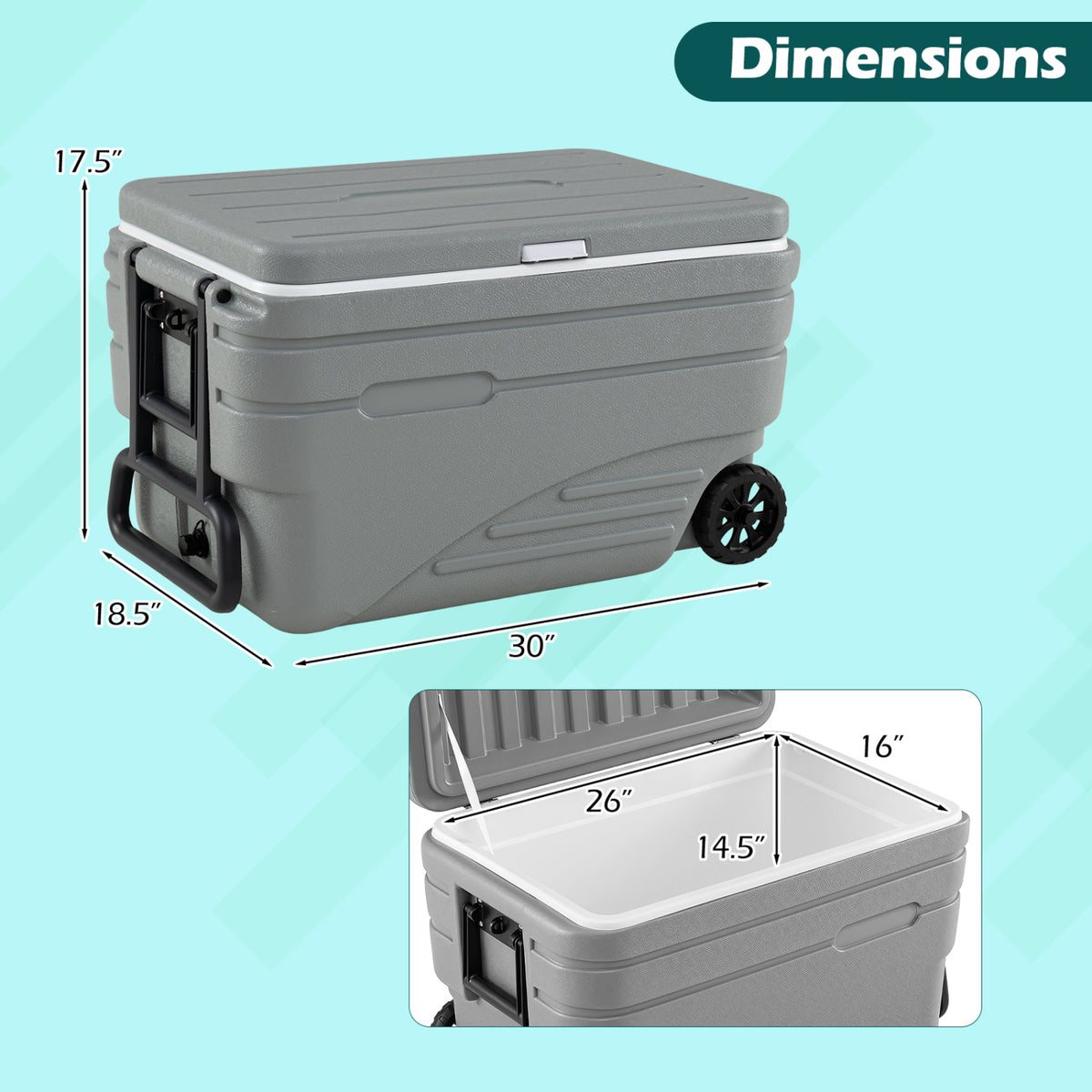 103 Quart Outdoor Portable Wheeled Ice Cooler with Foldable Pull and Carry Handles-Gray