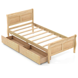 Twin Size Sleigh Bed with 2 Storage Drawers Wood Platform Bed Frame-Natural