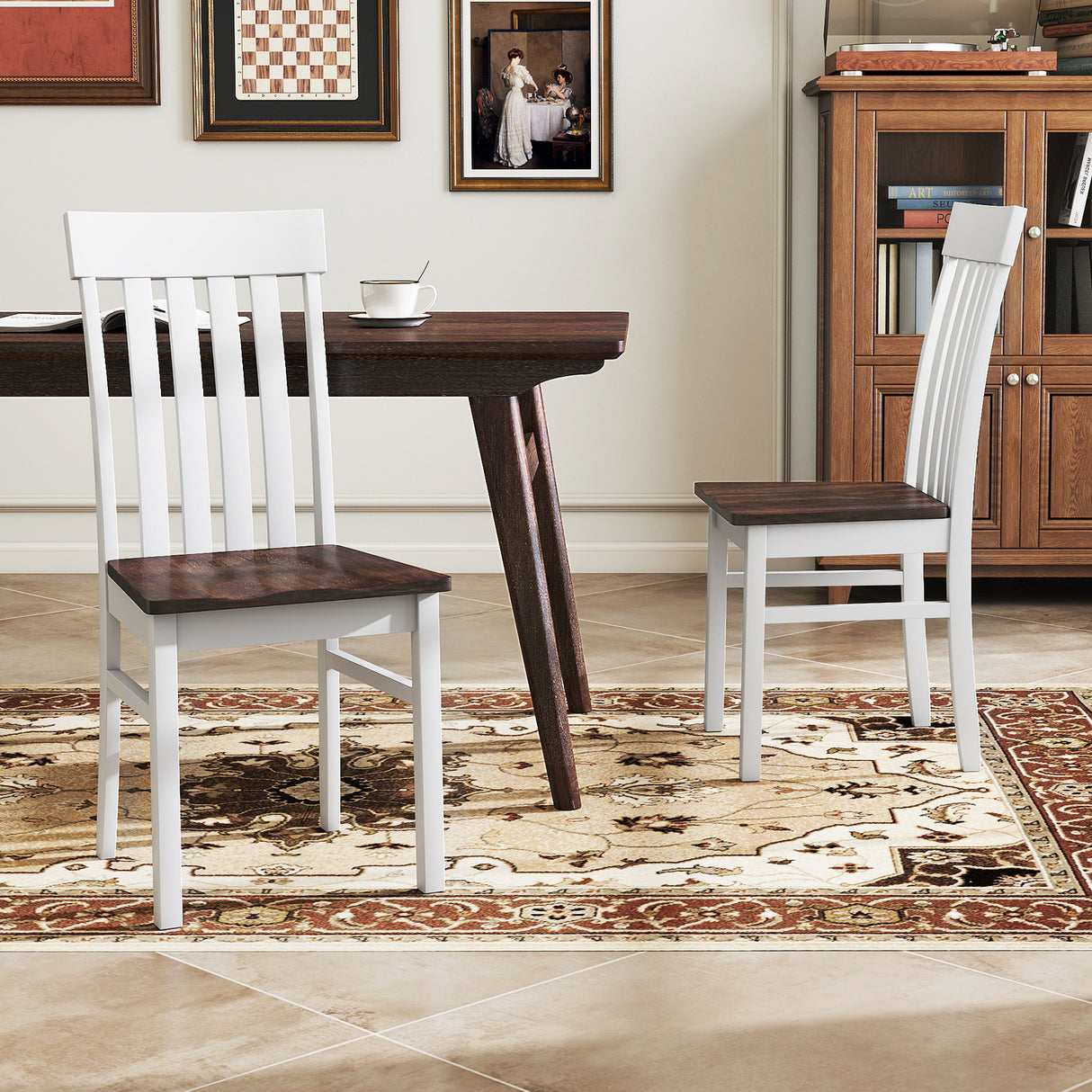 Set of 2 Kitchen Armless Dining Chairs with Slatted High Backrests-White