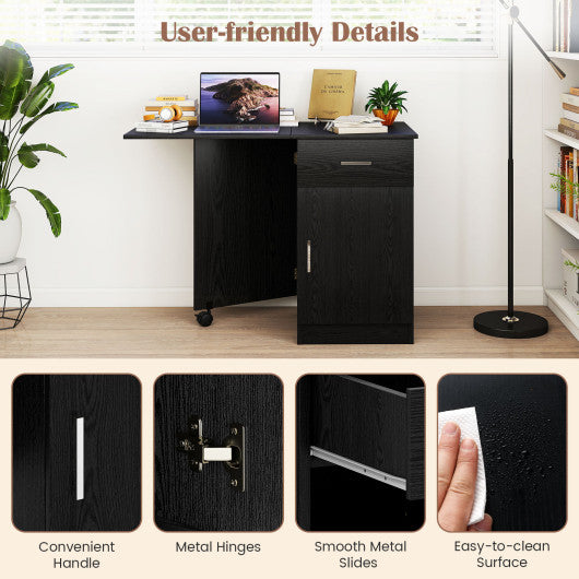 Folding Computer Desk with Drawer Mobile Home Office Desk with Cabinet-White