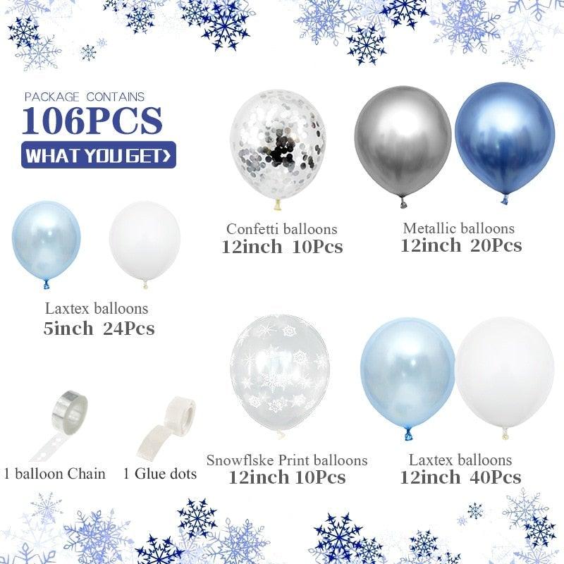 106pcs Blue Snowflake Birthday Balloon Party Ice Snow Decoration Baby Balloon Winter Christmas New Year Balloons Wedding and Birthday Party
