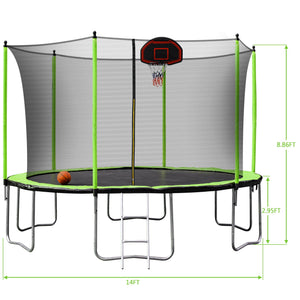14Ft Trampoline With Basketball Hoop Inflator And Ladder (Inner Safety Enclosure) - Green by Couch.com