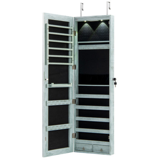 Wall and Door Mounted Mirrored Jewelry Cabinet with Lights-Navy